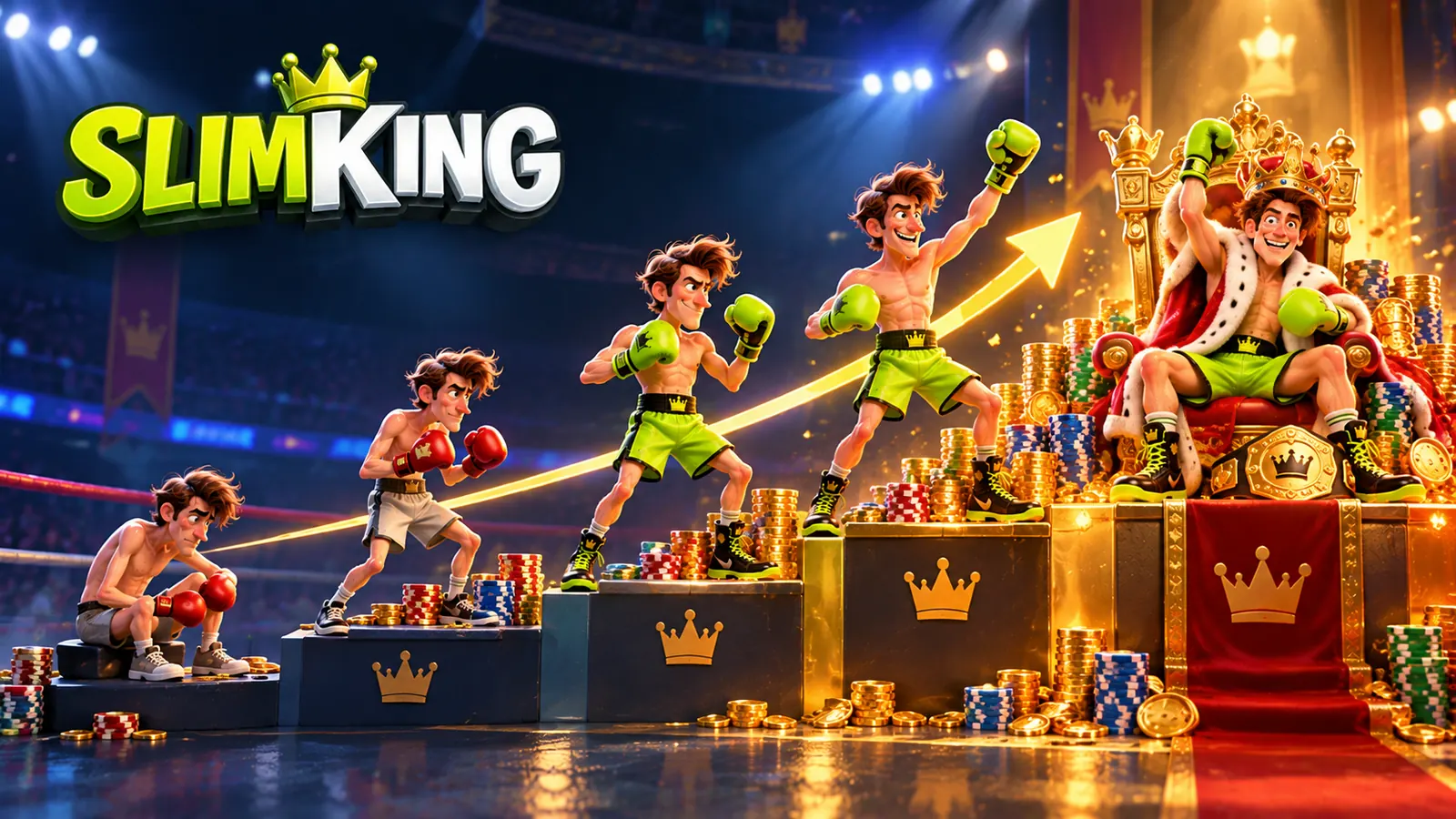 SlimKing boxer climbing podium steps towards a golden throne