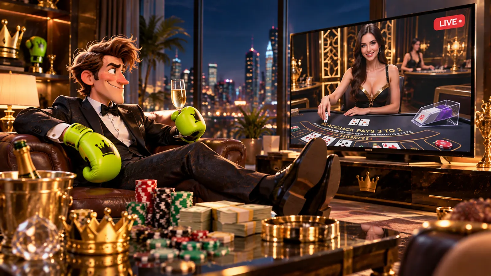 SlimKing champion relaxing on a sofa while live blackjack plays on a big TV