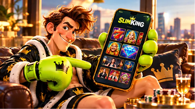 SlimKing champion showing the mobile slots lobby on his phone